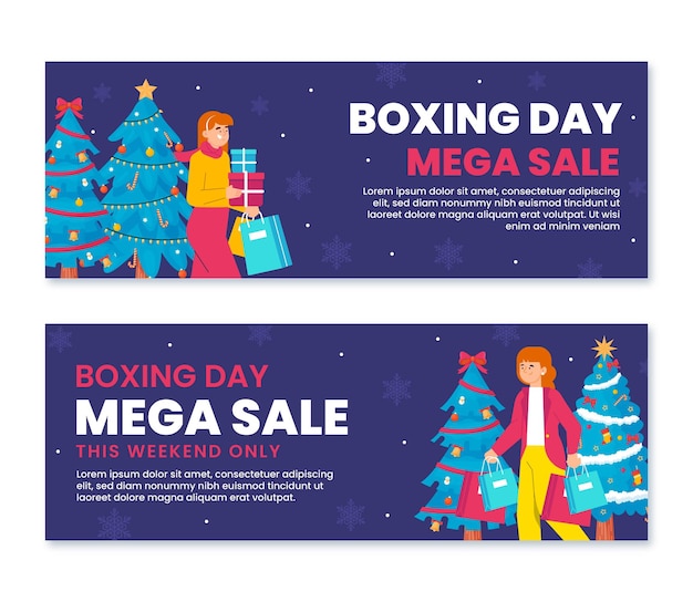 Hand drawn flat boxing day sale horizontal banners set