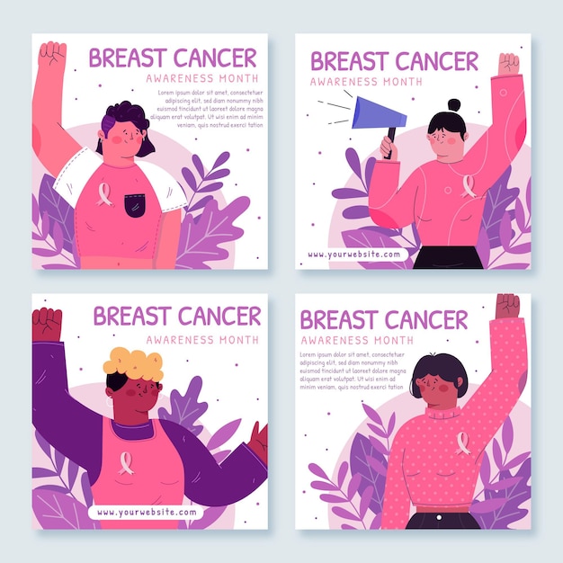 Hand drawn flat breast cancer awareness month instagram posts collection