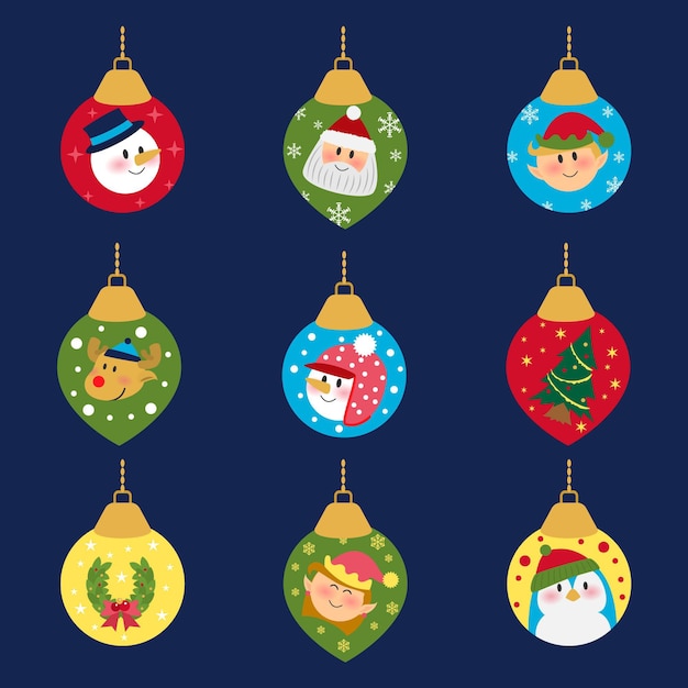 Hand drawn flat christmas ball ornaments collection