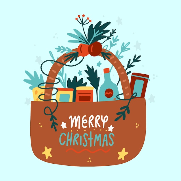 Hand drawn flat christmas basket illustration