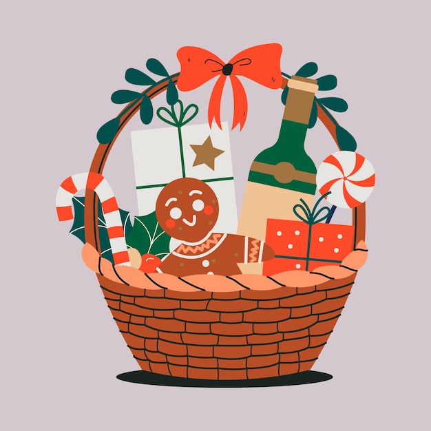 Hand drawn flat christmas basket illustration