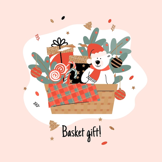 Hand drawn flat christmas basket illustration