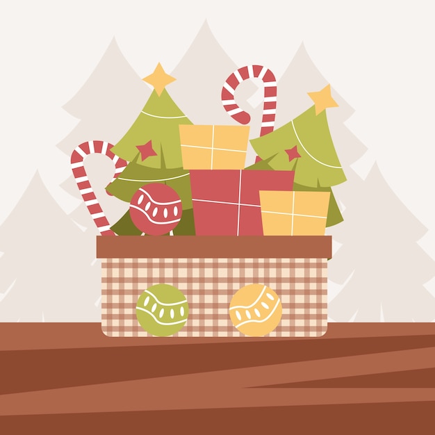 Hand drawn flat christmas basket illustration