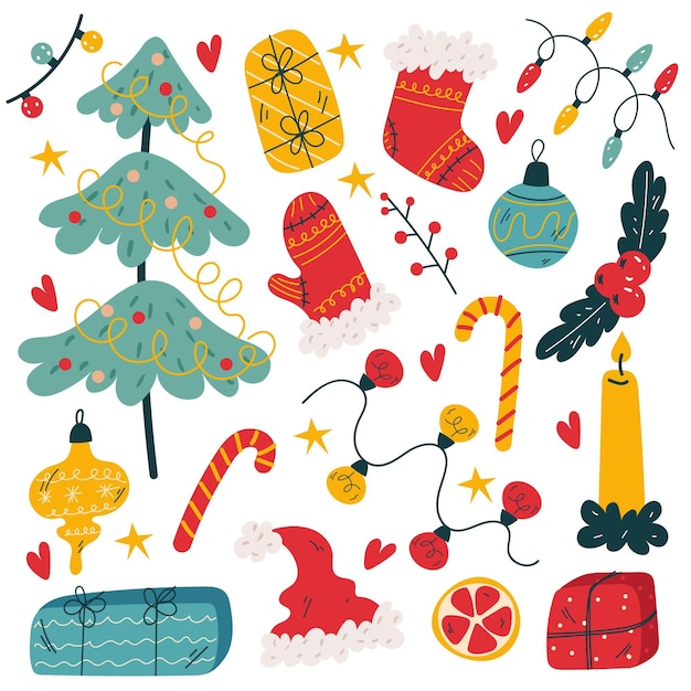 Hand drawn flat christmas elements collection