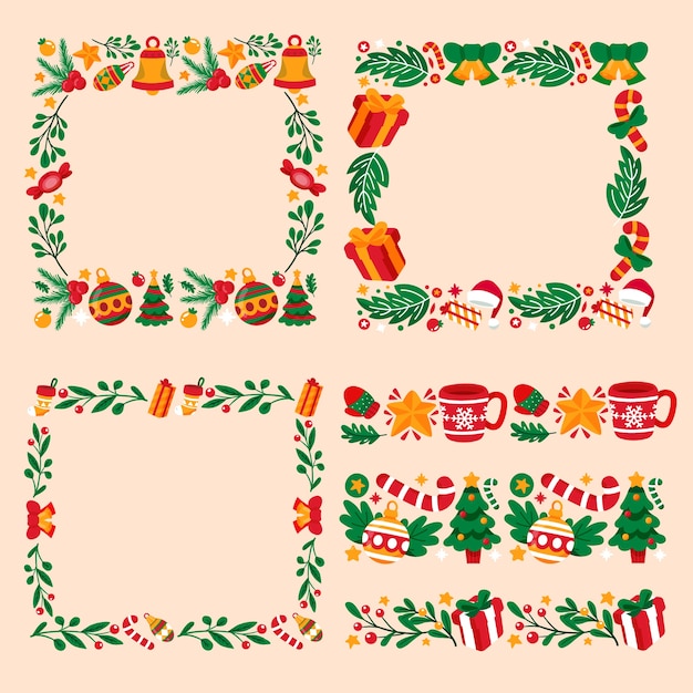 Free Vector hand drawn flat christmas frames and borders collection