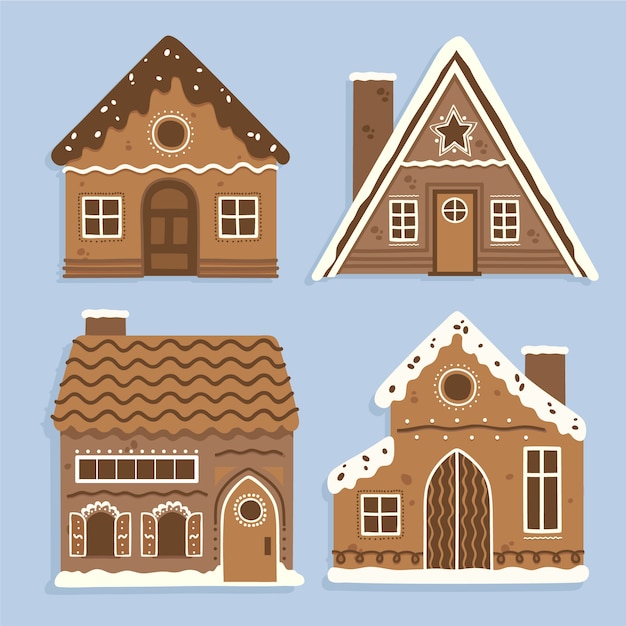 Hand drawn flat christmas gingerbread houses collection