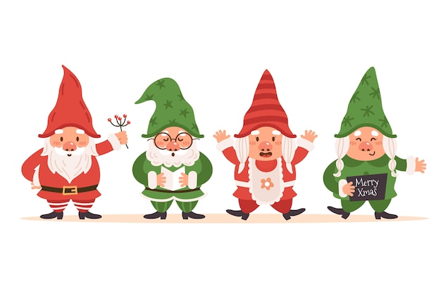 Free vector hand drawn flat christmas gnomes collection