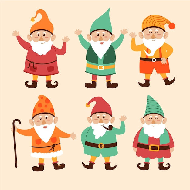 Free Vector hand drawn flat christmas gnomes collection