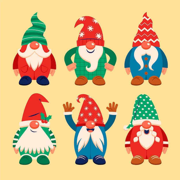 Free vector hand drawn flat christmas gnomes collection