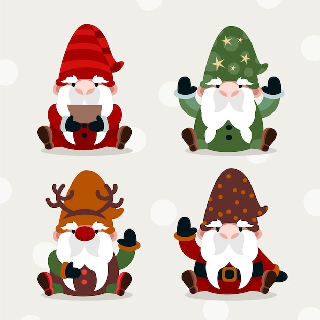 Free Vector hand drawn flat christmas gnomes collection