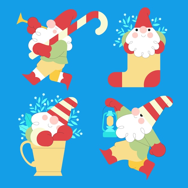 Free Vector hand drawn flat christmas gnomes collection