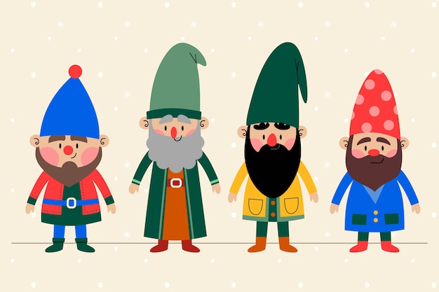 Free Vector hand drawn flat christmas gnomes collection