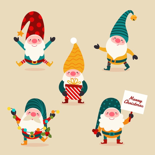 Hand drawn flat christmas gnomes collection