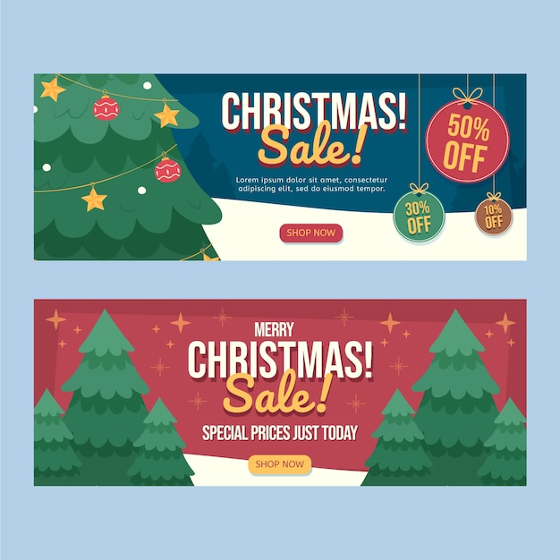 Hand drawn flat christmas horizontal banners set