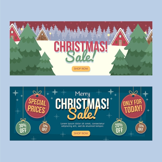 Hand drawn flat christmas horizontal banners set