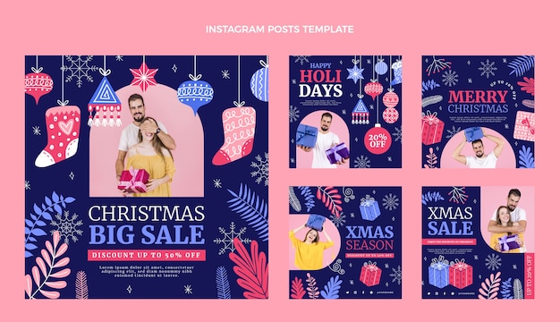 Free Vector hand drawn flat christmas instagram posts collection