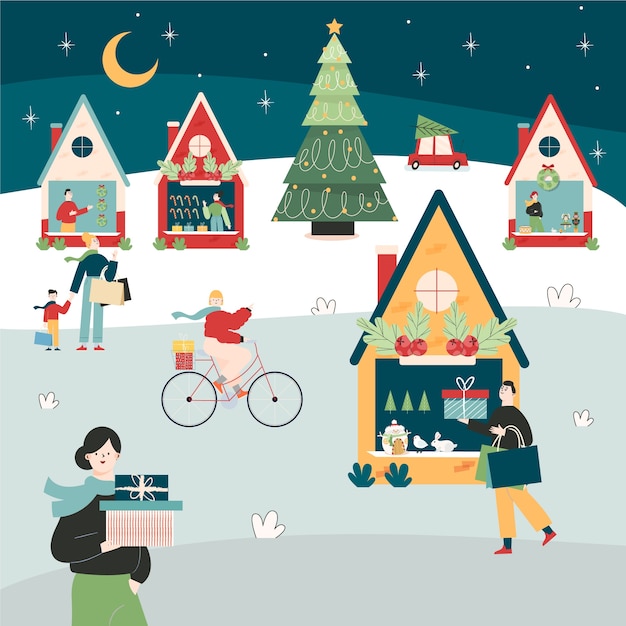 Hand drawn flat christmas market illustration