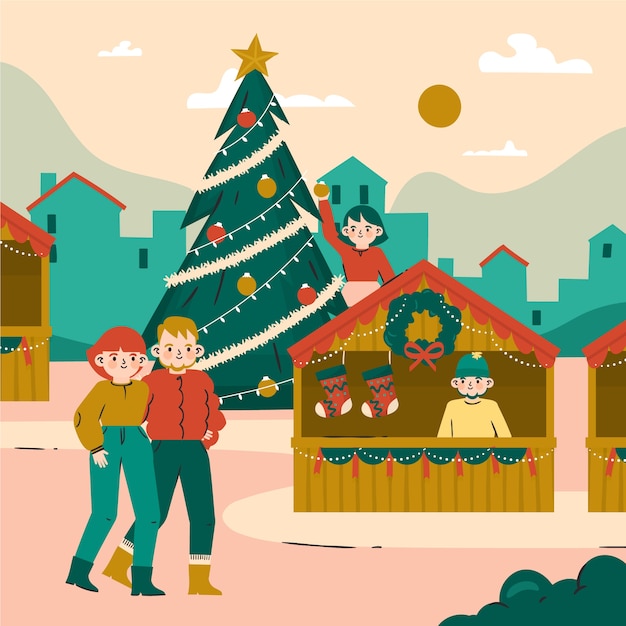 Hand drawn flat christmas market illustration