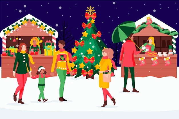 Free Vector hand drawn flat christmas market illustration