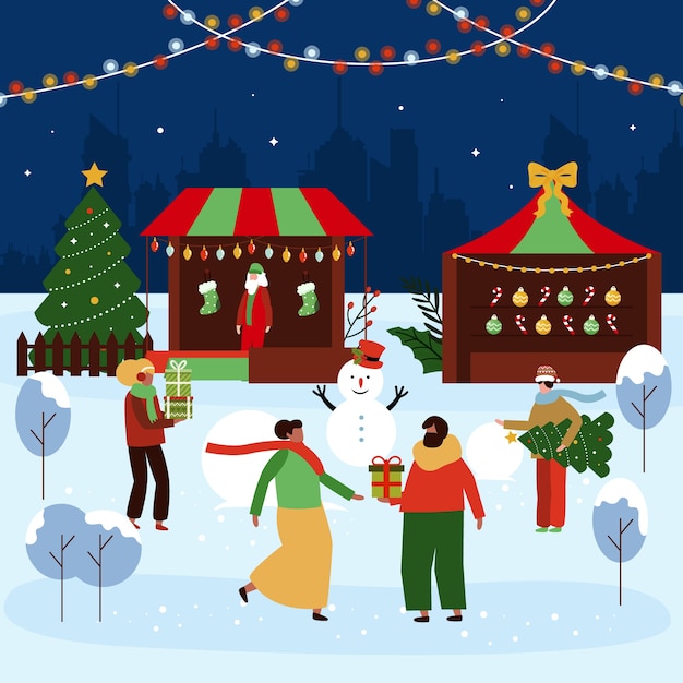 Hand drawn flat christmas market illustration