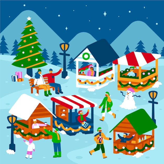 Hand drawn flat christmas market illustration