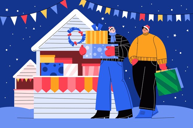 Hand drawn flat christmas market illustration