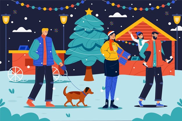 Hand drawn flat christmas market illustration