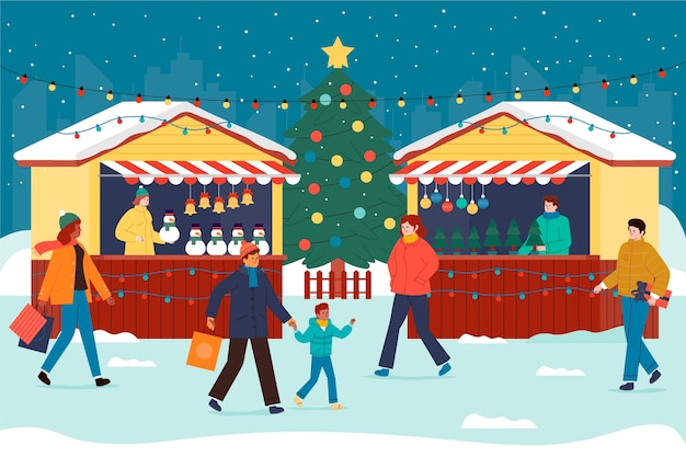 Free Vector hand drawn flat christmas market illustration