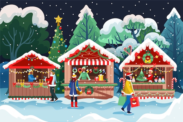 Hand drawn flat christmas market illustration