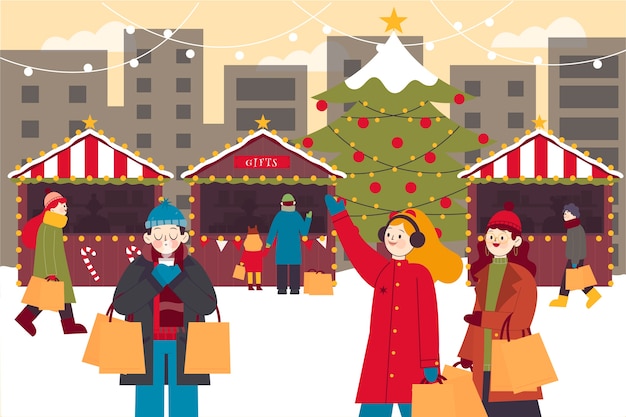 Hand drawn flat christmas market illustration