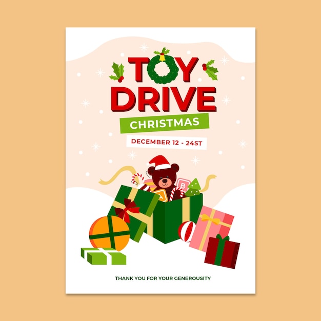 Hand drawn flat christmas toy drive poster template