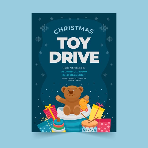 Hand drawn flat christmas toy drive vertical poster template