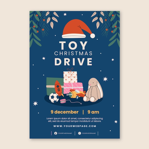 Hand drawn flat christmas toy drive vertical poster template