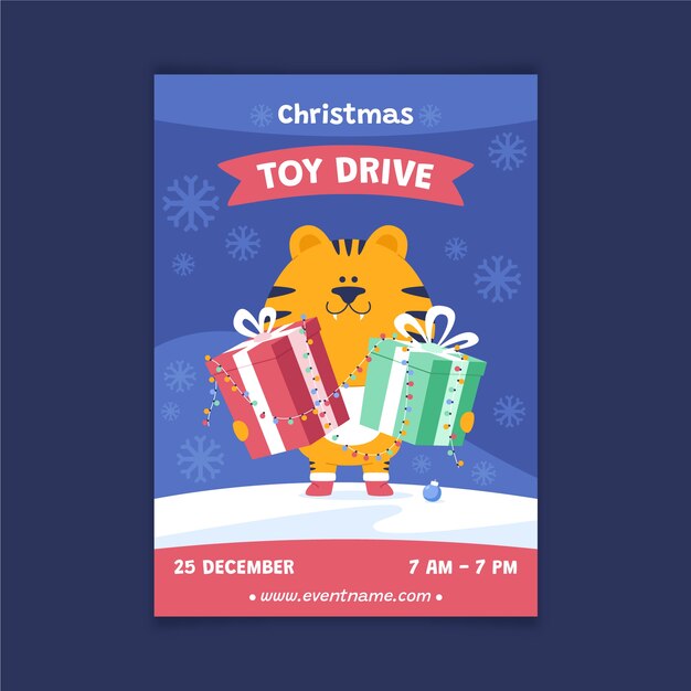 Hand drawn flat christmas toy drive vertical poster template