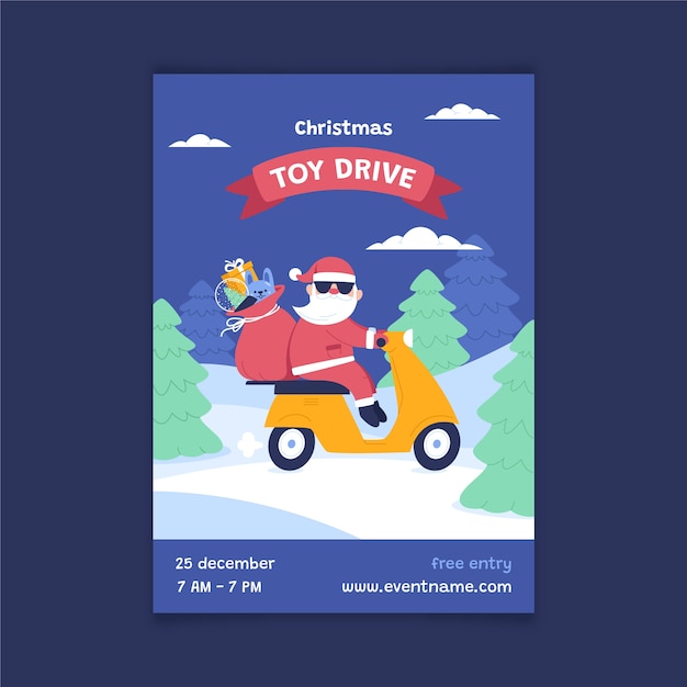 Hand drawn flat christmas toy drive vertical poster template