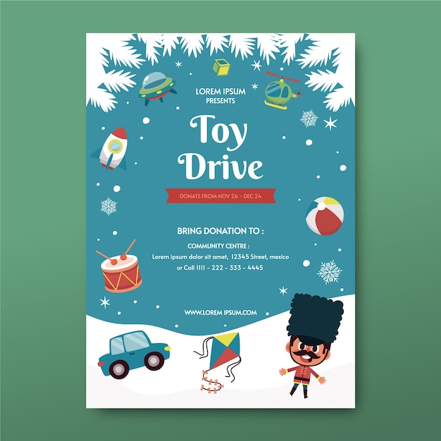 Hand drawn flat christmas toy drive vertical poster template