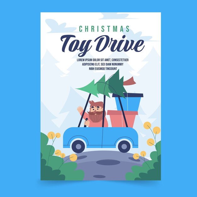 Hand drawn flat christmas toy drive vertical poster template