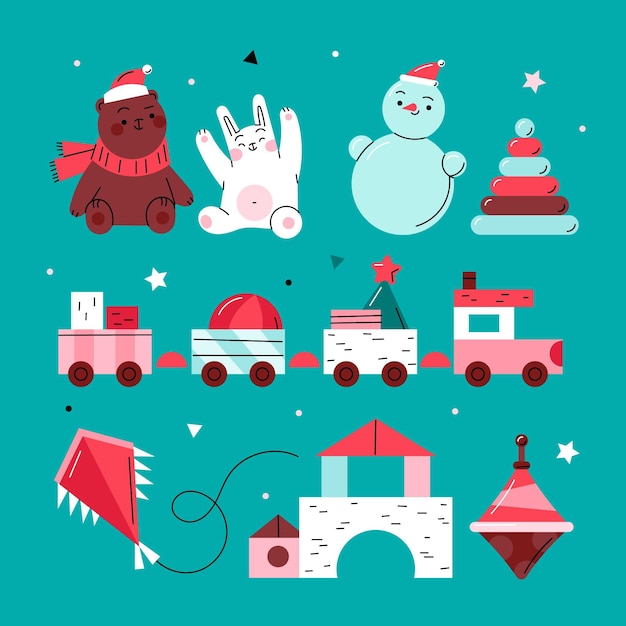 Hand drawn flat christmas toys collection