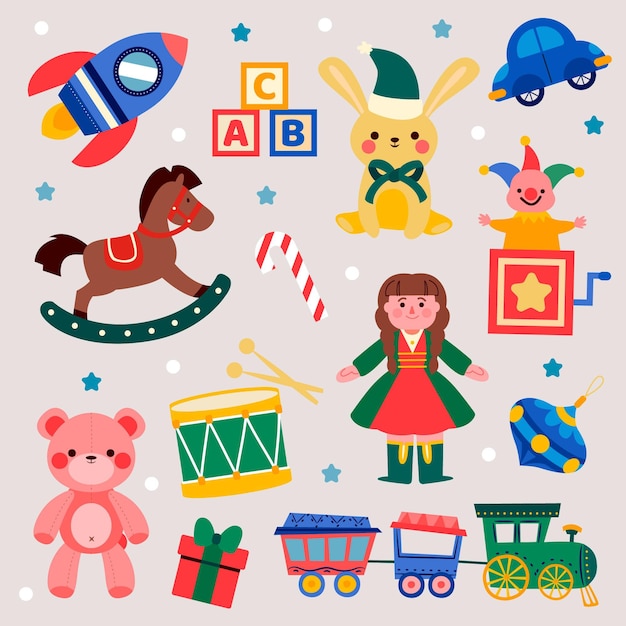 Hand drawn flat christmas toys collection