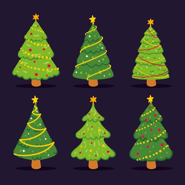 Hand drawn flat christmas trees collection