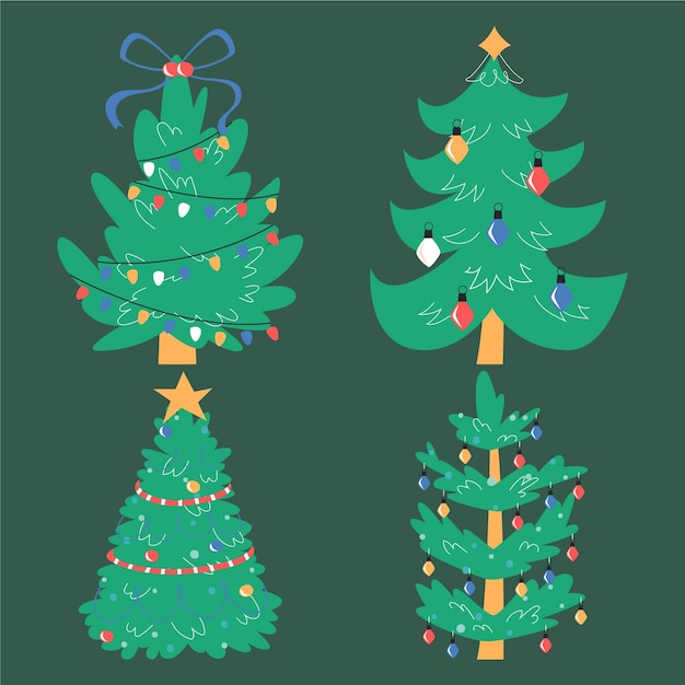 Hand drawn flat christmas trees collection