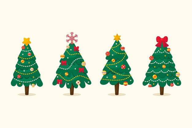 Hand drawn flat christmas trees collection