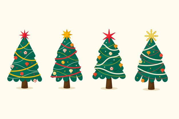 Hand drawn flat christmas trees collection