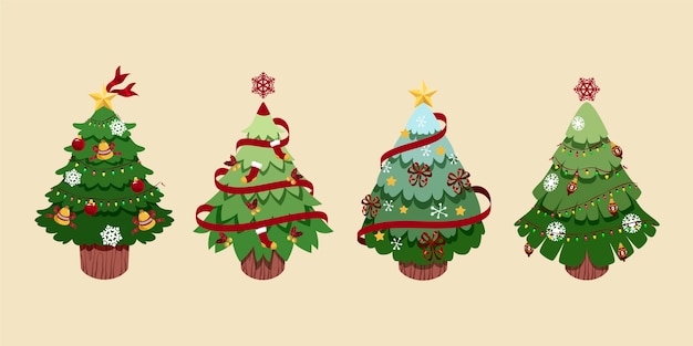 Hand drawn flat christmas trees collection