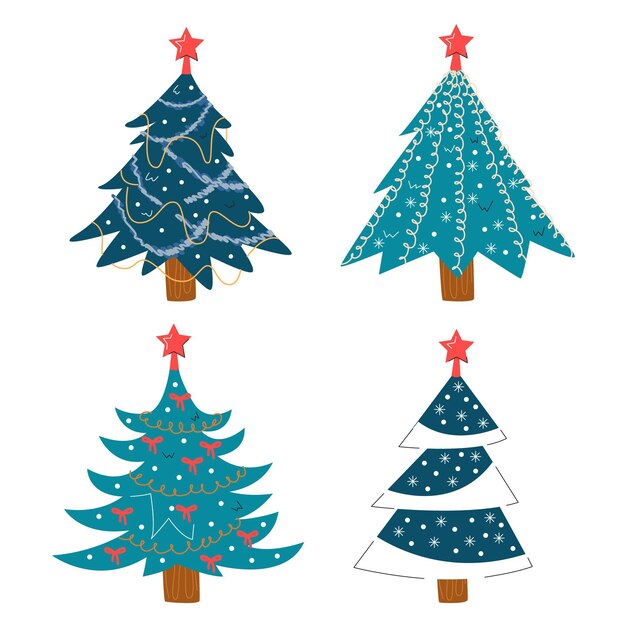 Hand drawn flat christmas trees collection