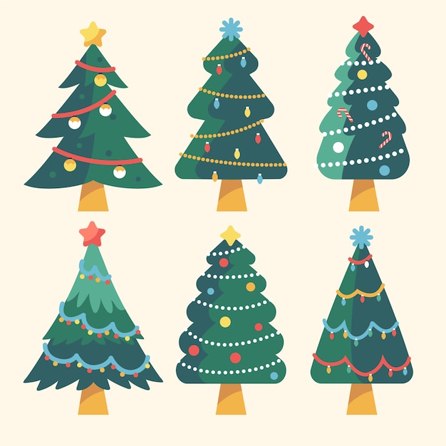 Hand drawn flat christmas trees collection