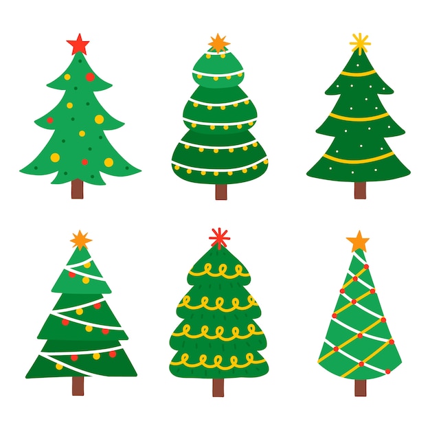 Hand drawn flat christmas trees collection