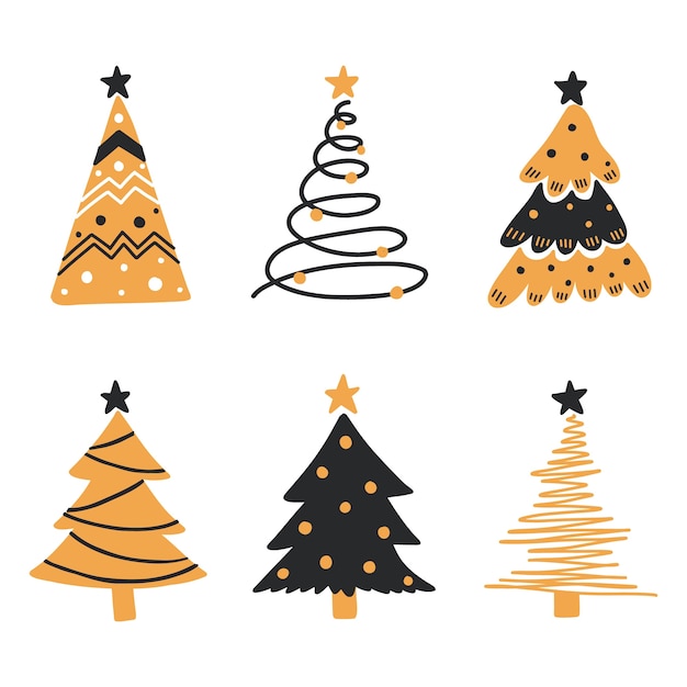 Hand drawn flat christmas trees collection