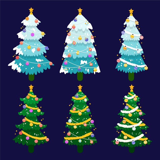 Hand drawn flat christmas trees collection