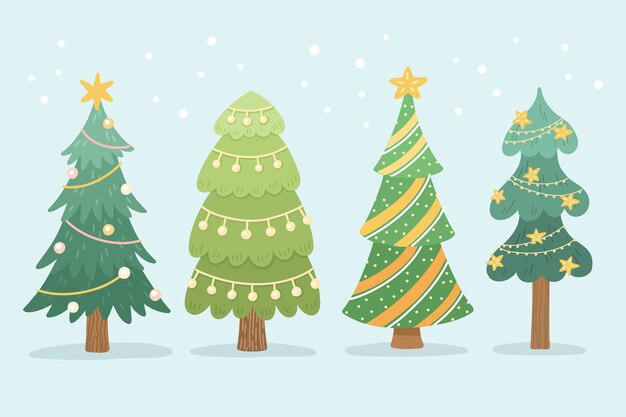 Hand drawn flat christmas trees collection